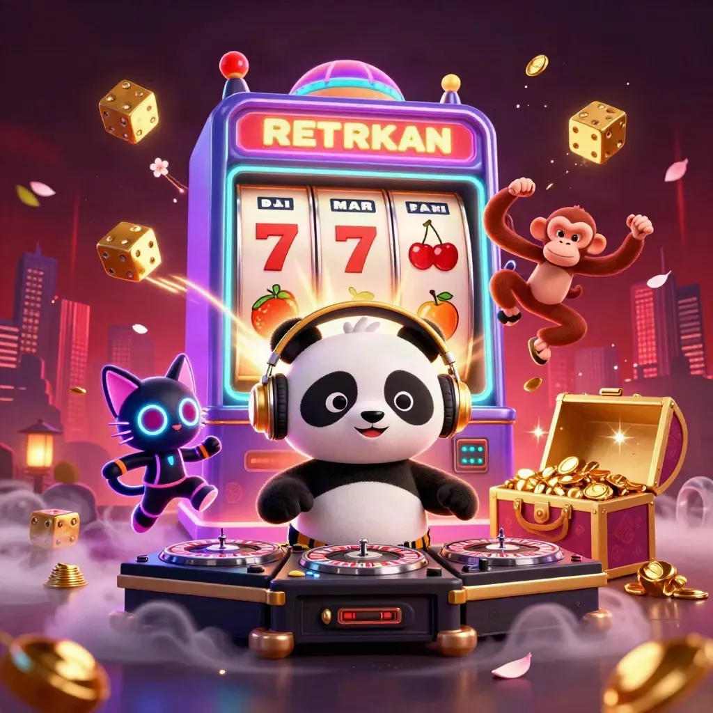 Panda DJ, dancing monkey, and glow kitten explode with neon casino treasure and slot effects.