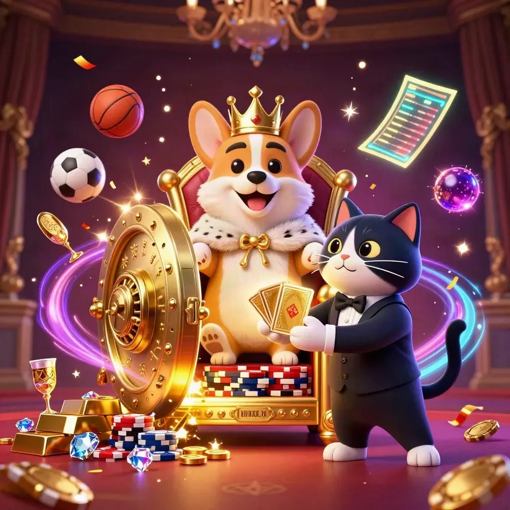 Crowned corgi and cat butler amid flying balls, gold vault light, chips, gems, and neon casino sparkle.