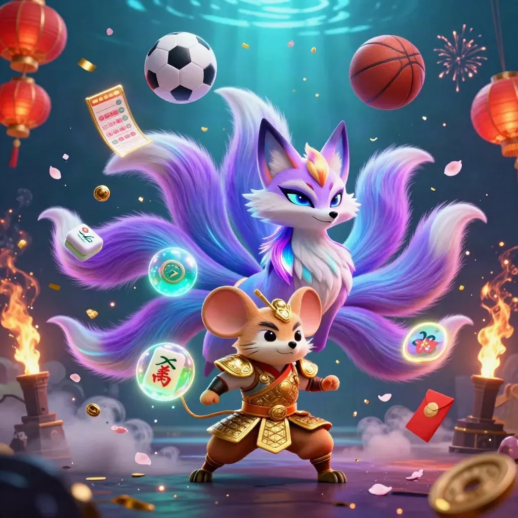 Neon fox spirit and golden samurai mouse amid casino props and flying sports balls.