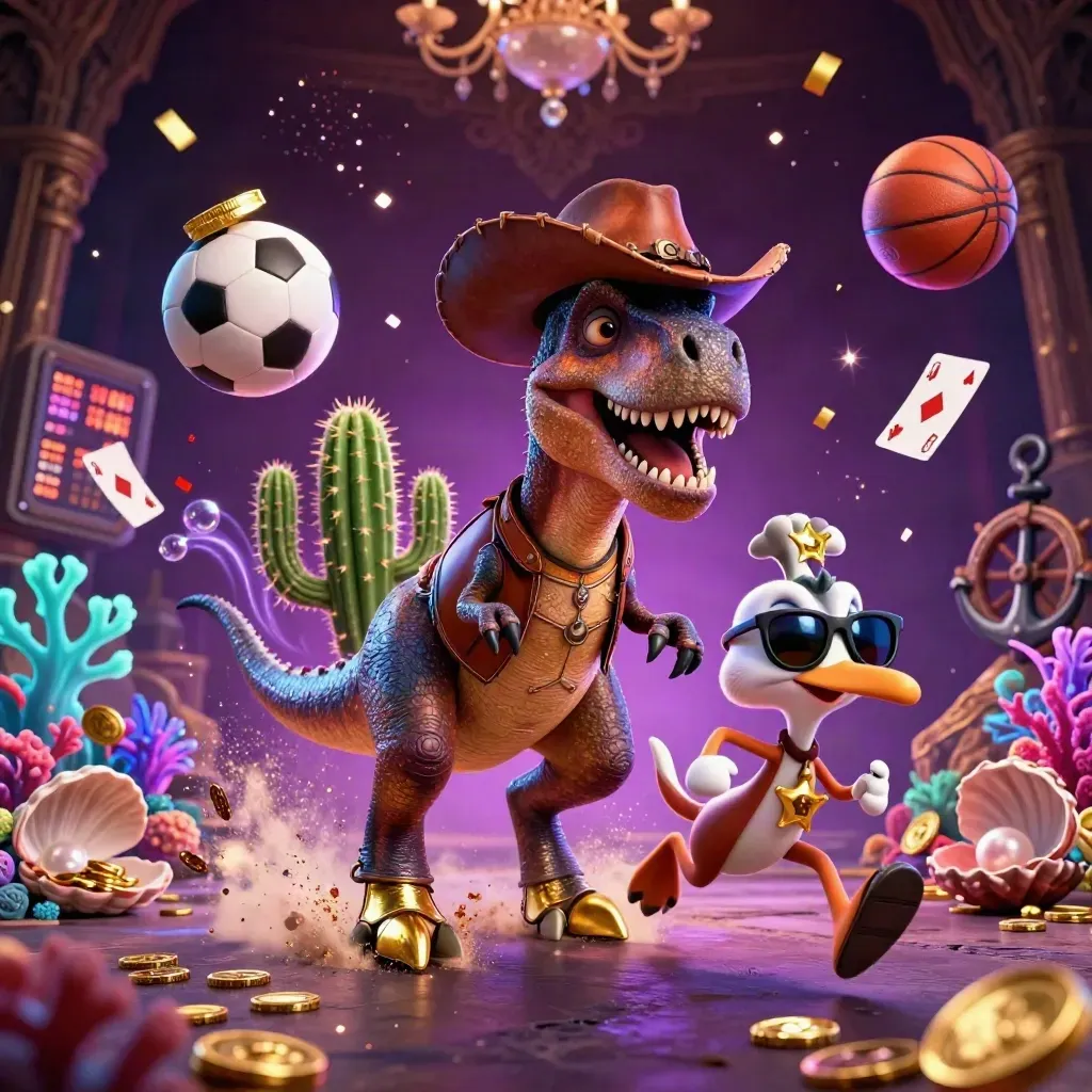 Cowboy T-Rex, cactus sidekick, and roadrunner amid neon casino treasure, flying balls, and spark bursts