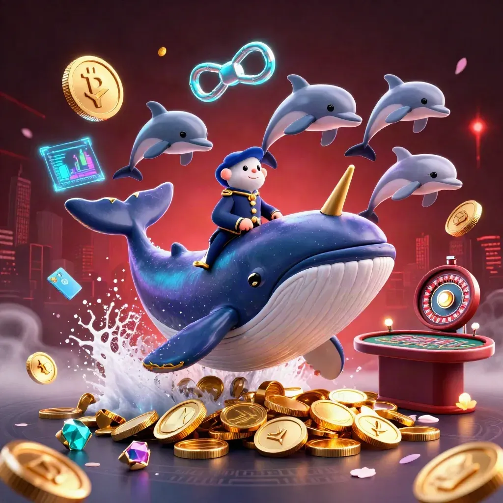 Whale captain, narwhal and dolphins amid neon coins, crypto icons and casino lights