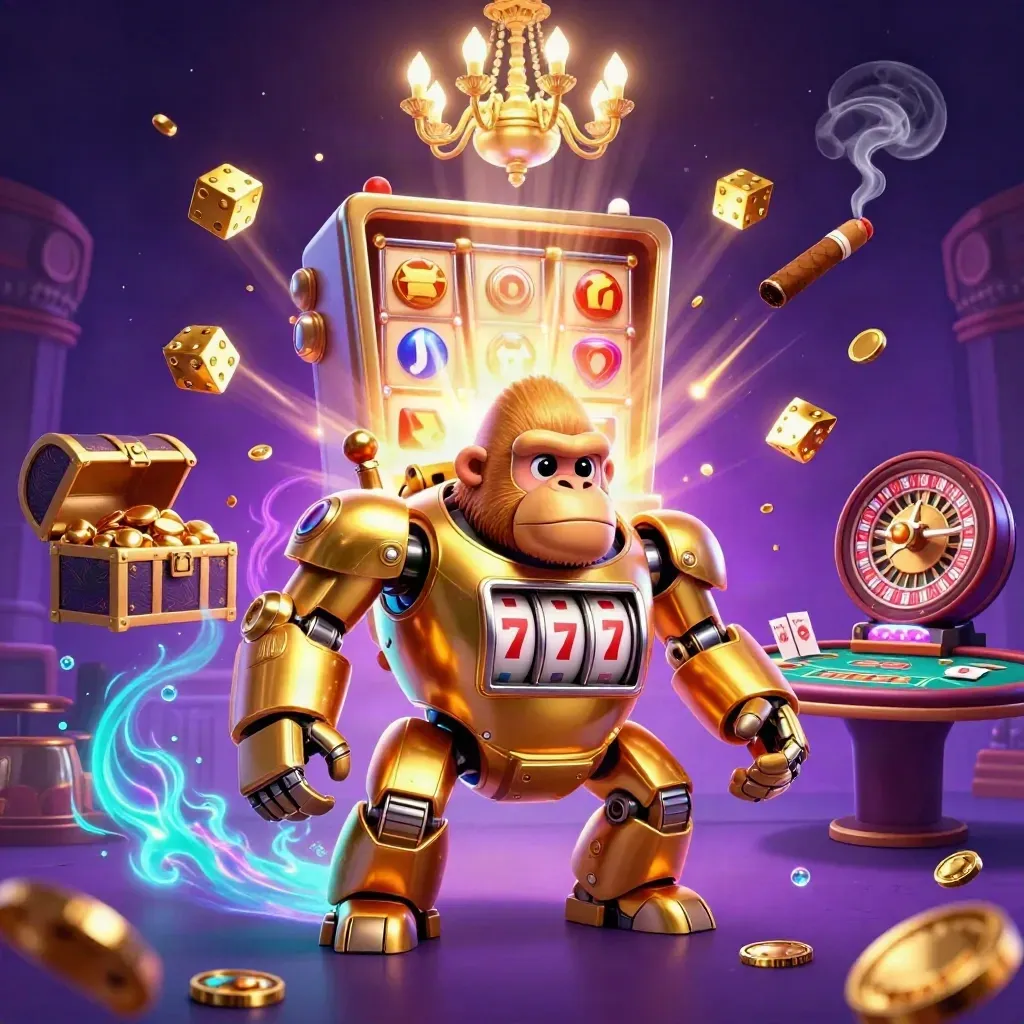 Golden gorilla mech and monkey pilot amid slot bursts, dice, treasure, neon casino smoke