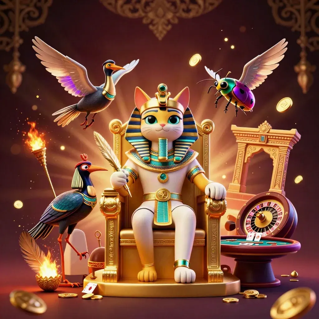 Pharaoh cat on throne with ibis scribe and scarab beetles in a glowing casino temple