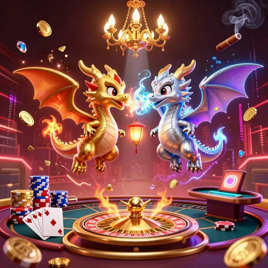 Twin gold and silver dragons whirl above casino tables with coins, gems, cards and neon light.