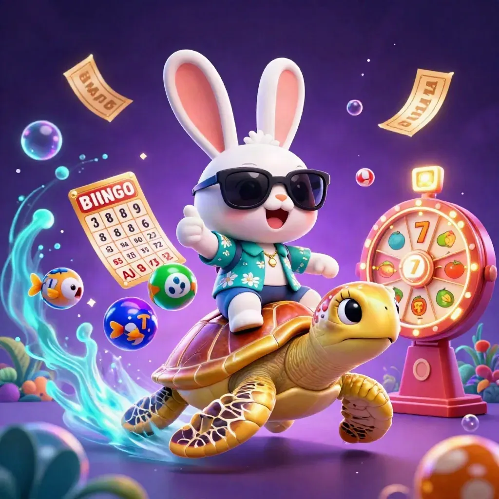 Lucky rabbit rides a gem-shell sea turtle amid casino symbols and neon underwater glow.