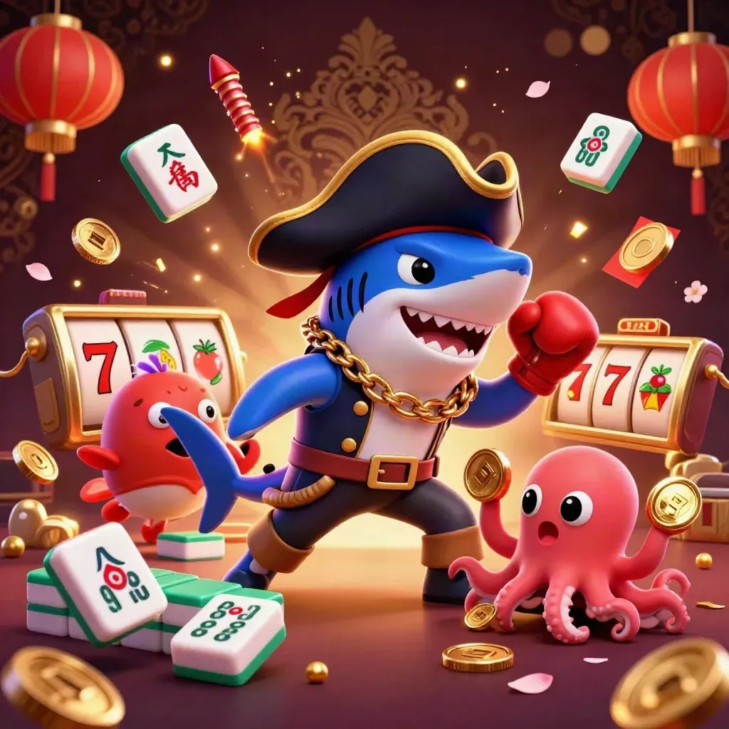 Pirate shark, boxing pufferfish, and juggling octopus amid casino treasures and neon glow