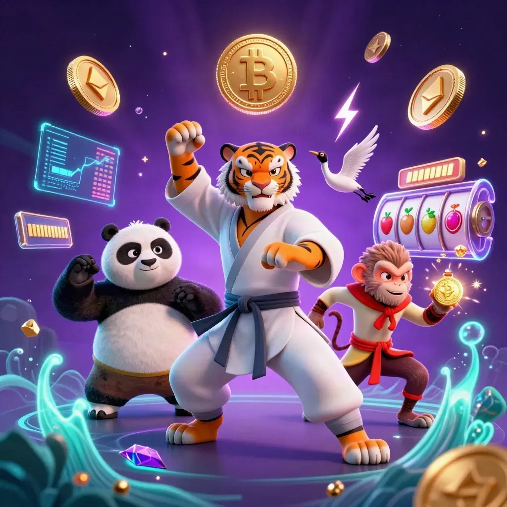 Kung-fu tiger, panda, and monkey with neon coins, gems, and casino energy in an underwater glow.