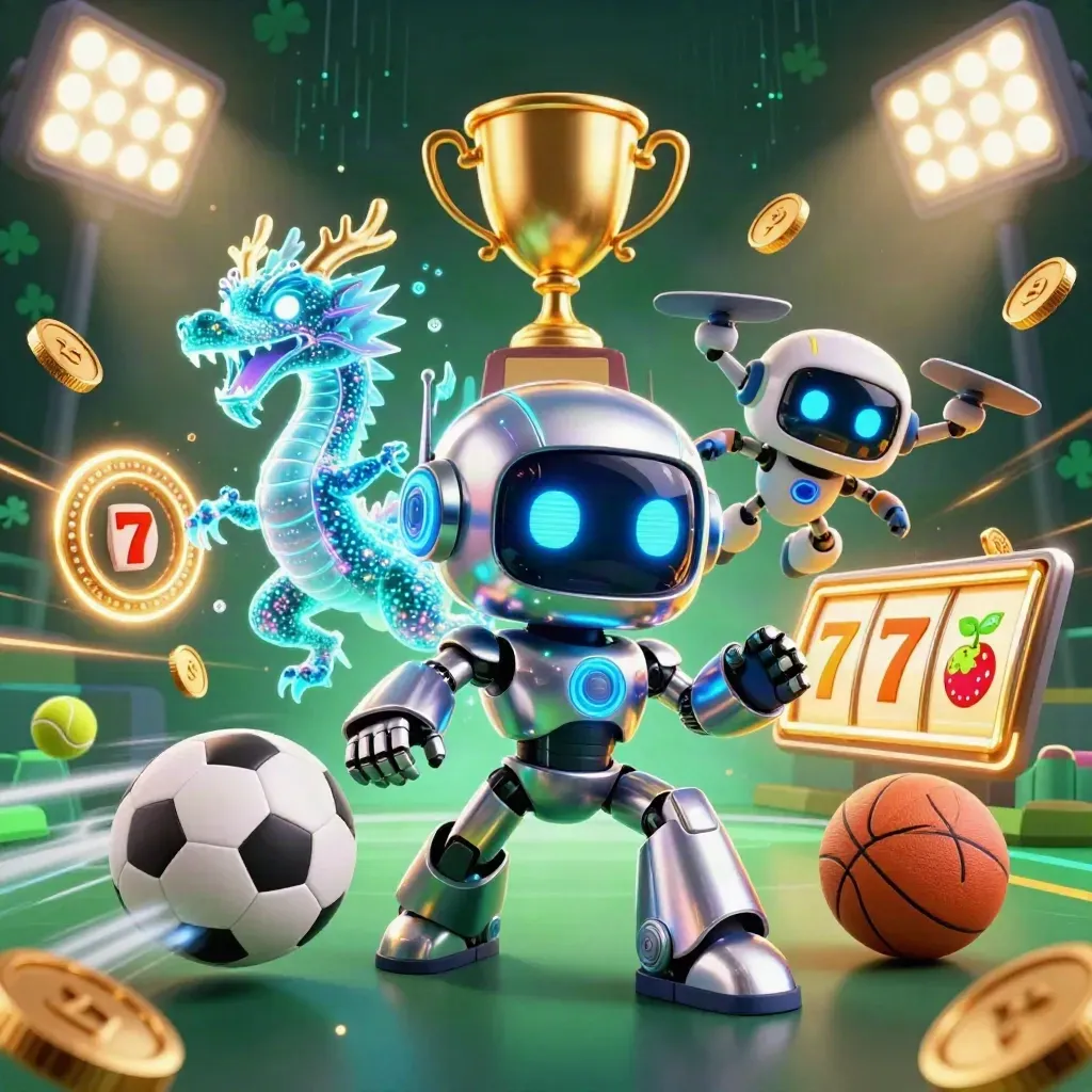Robot, holographic dragon, and coin drone amid sports balls, trophies, coins, and neon casino energy.