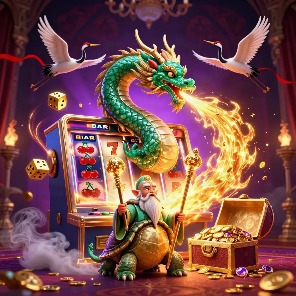 Emerald dragon, turtle sage, and cranes amid exploding slot riches and golden fire