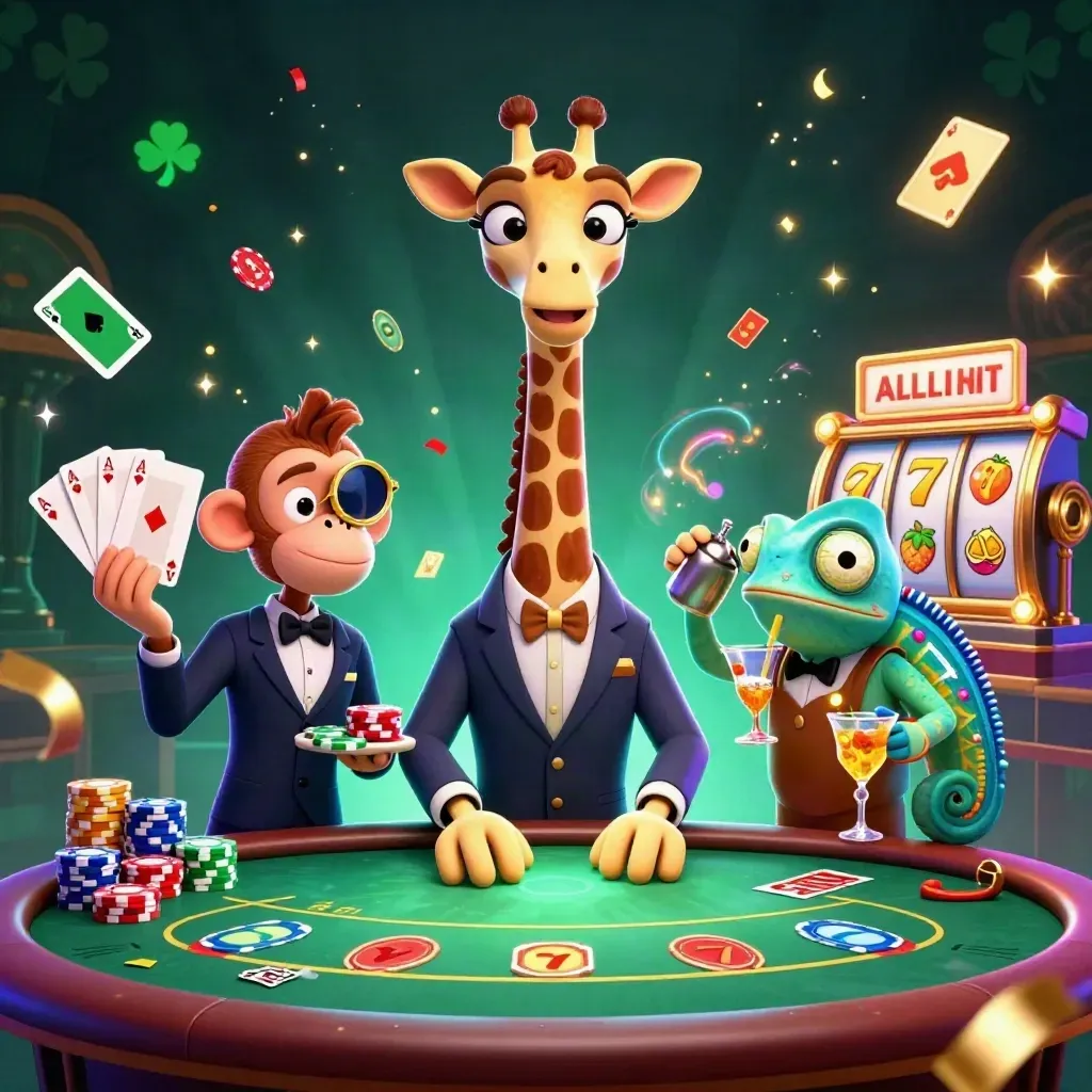 Giraffe, monkey, and chameleon at a neon casino poker table with chips and fireworks
