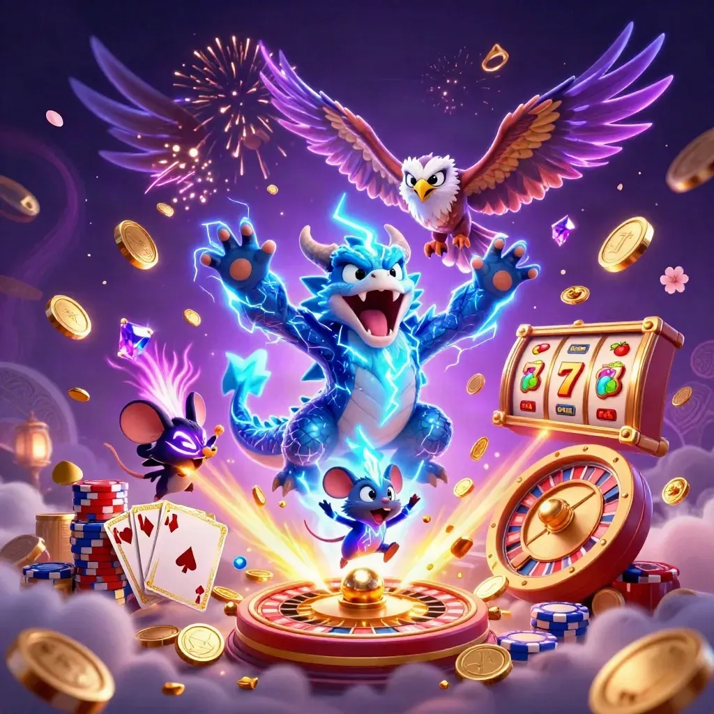 Thunder dragon, hawk and mouse amid coins, gems, cards and neon casino magic.