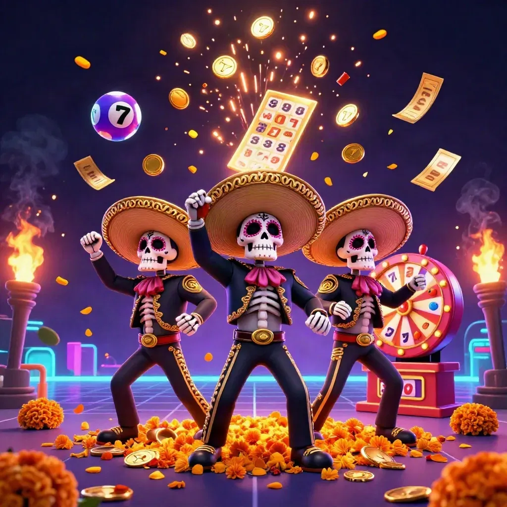 Three mariachi skeletons celebrate amid coins, lottery balls, prize wheel, fireworks, and neon casino glow.