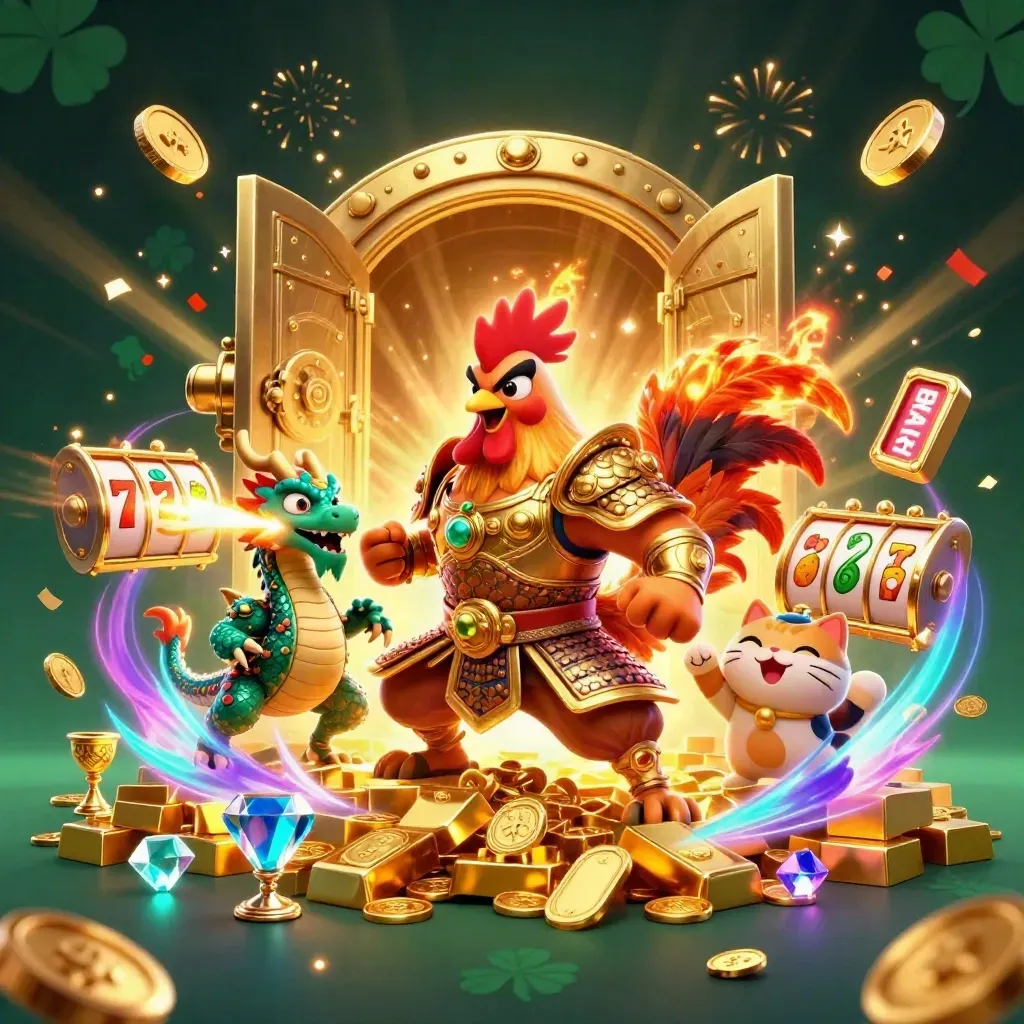 Rooster warrior, dragon hatchling and fortune cat amid vault gold, gems and casino sparks.