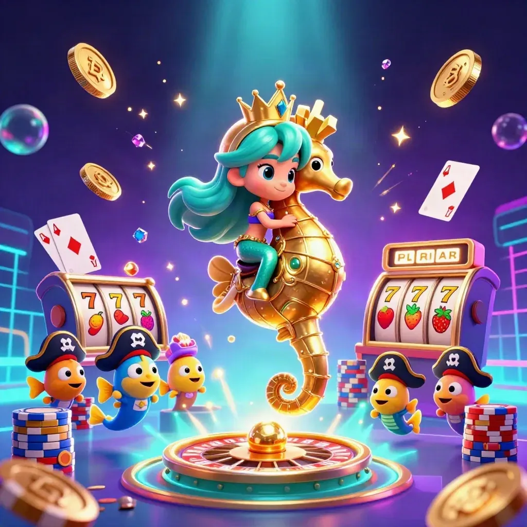 Mermaid princess rides a golden seahorse amid coins, cards, chips and neon casino magic.