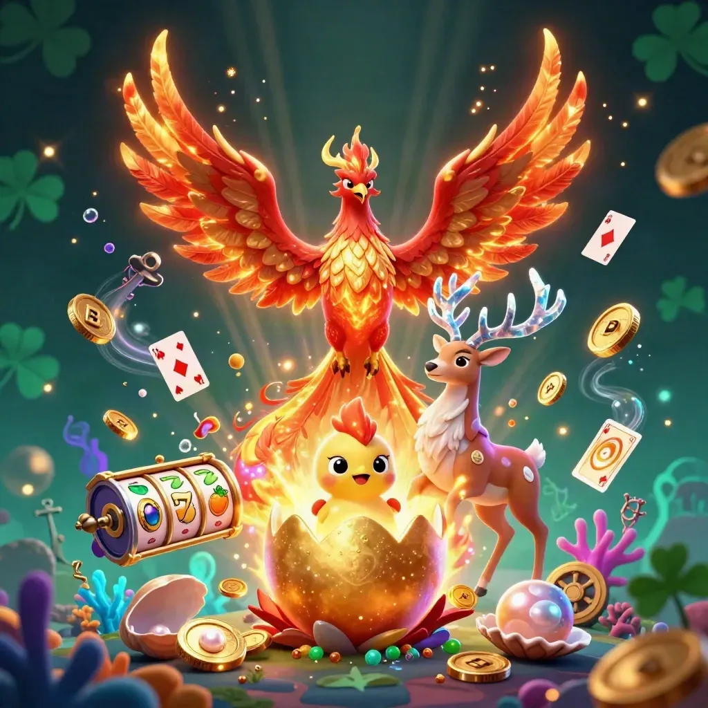 Phoenix, hatching chick, and crystal stag amid coins, coral, reels, and glowing casino effects