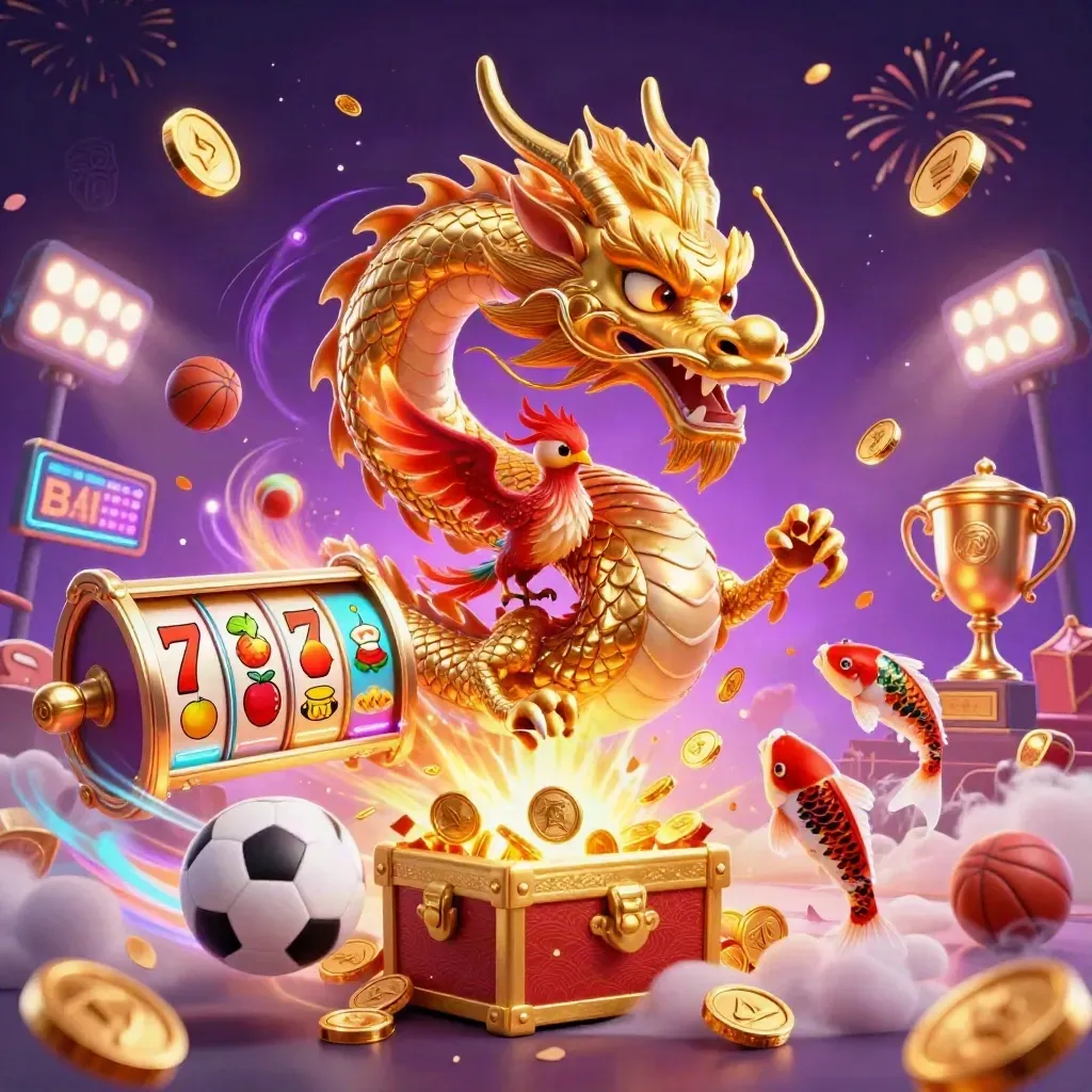 Golden dragon, phoenix and koi burst from a treasure chest with coins, reels and sports balls.