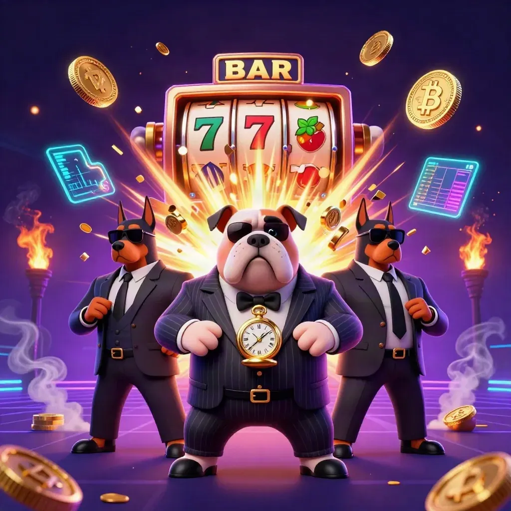 Bulldog mob boss with two Dobermans, coins, crypto, neon slots, and fireworks in a dark casino scene.