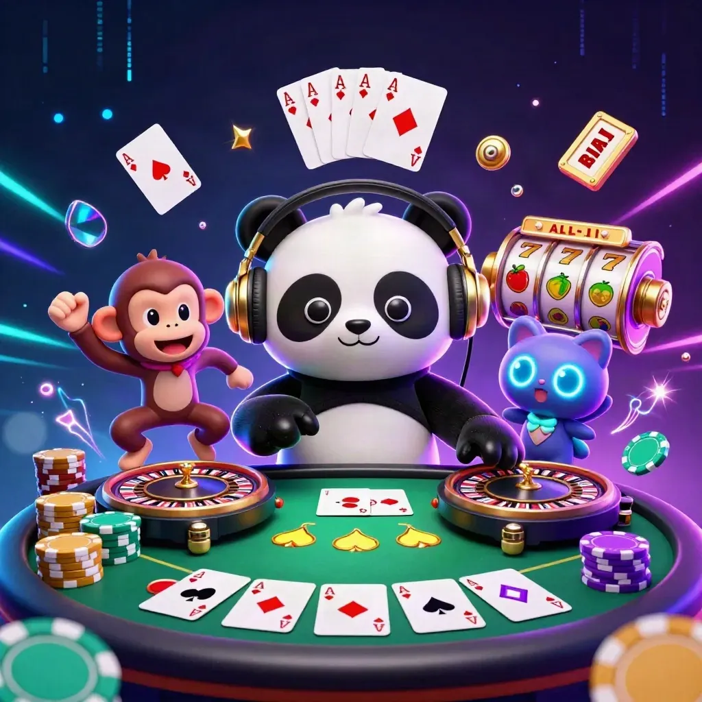 DJ panda, monkey, and glow kitten with roulette wheels, chips, and neon casino effects