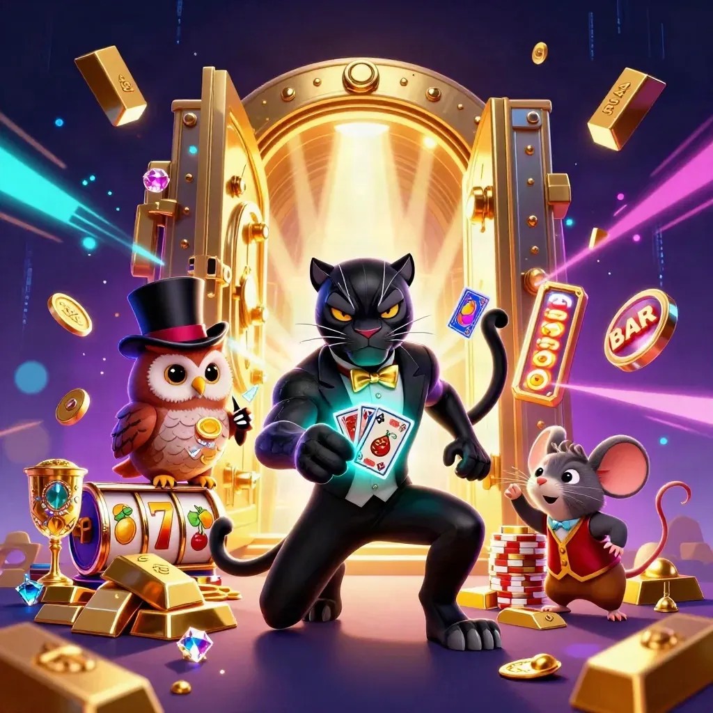 Panther, owl and mouse raid a glowing vault amid gold, chips and neon casino effects.