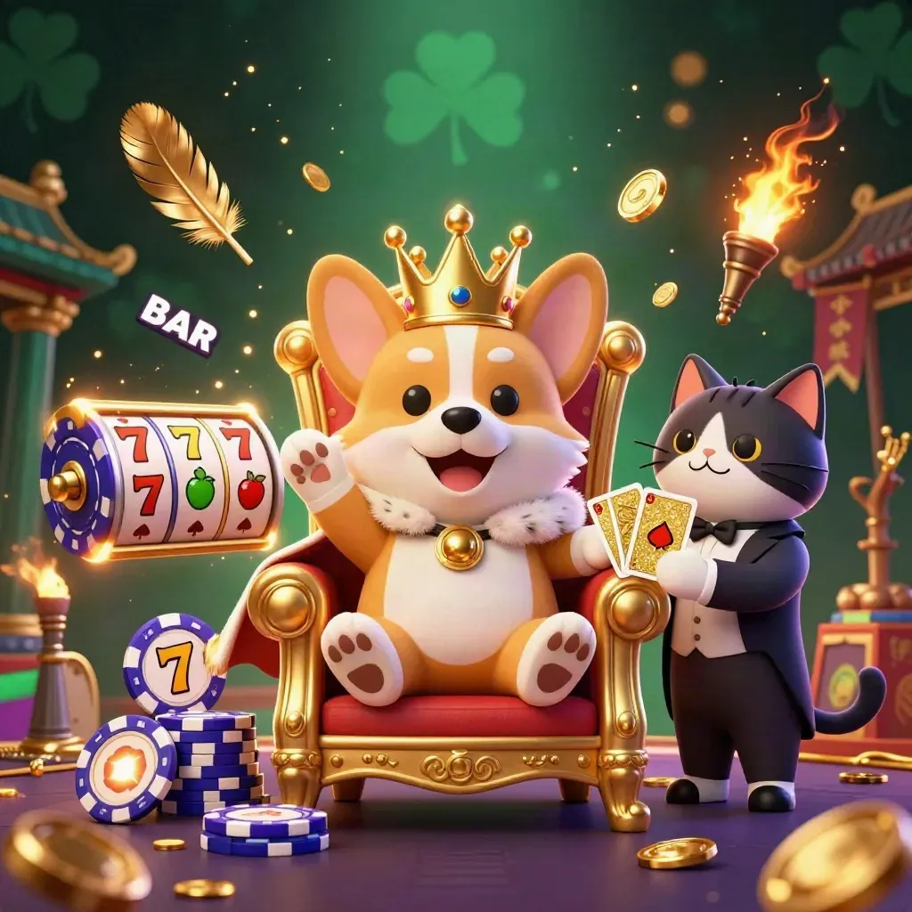Royal corgi on chip throne with cat butler, casino props, reels, coins, and glowing temple backdrop.