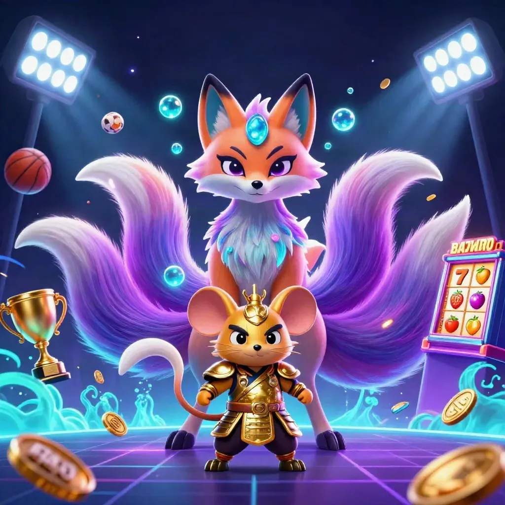 Neon fox spirit and golden mouse with flying sports balls, coins, reels, and purple-teal casino glow.