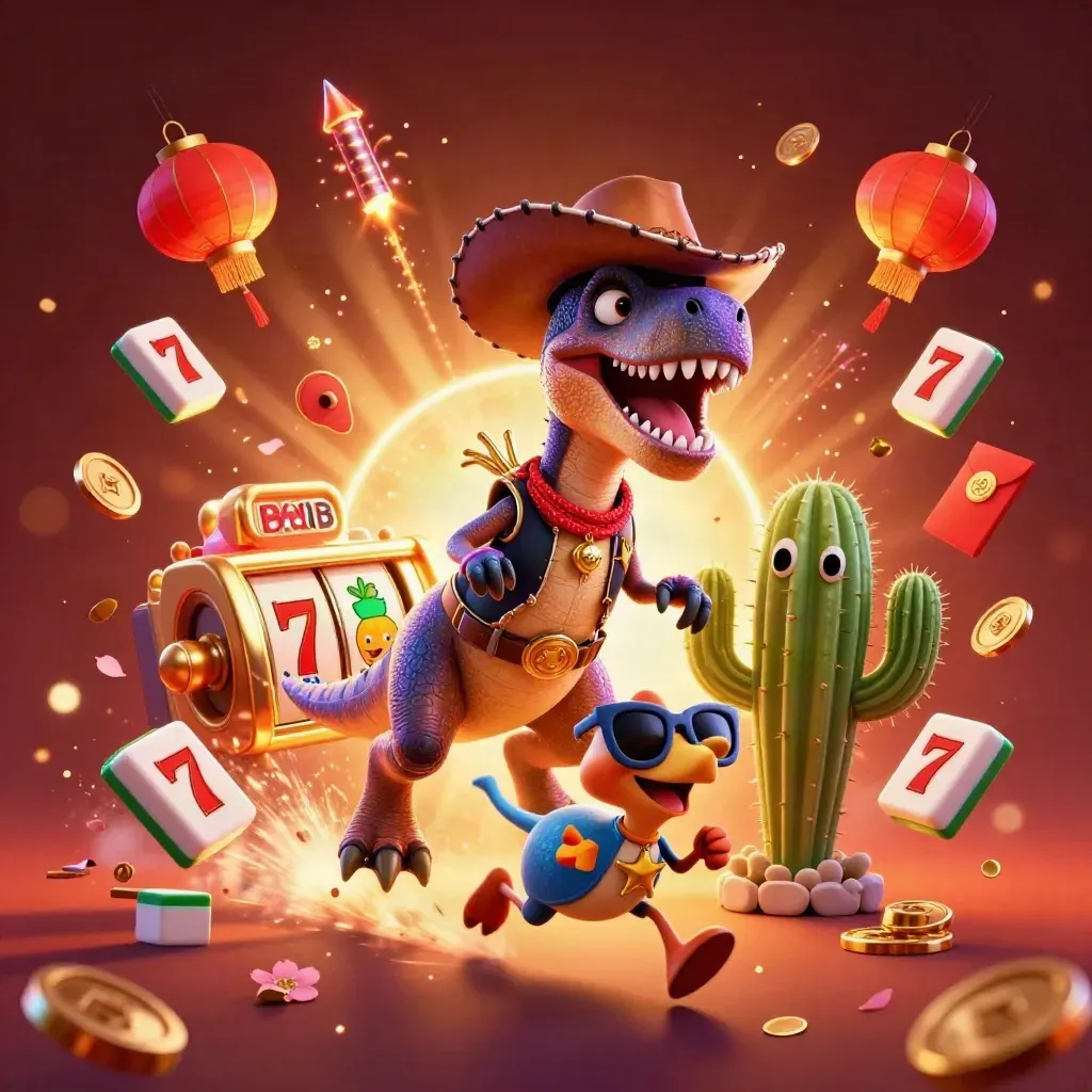 Cowboy T-Rex, cactus, and roadrunner amid casino symbols and glowing gold coins