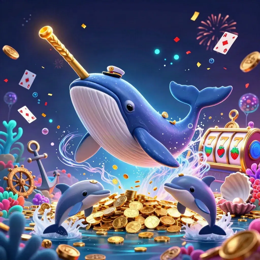 Whale captain, narwhal, and dolphins amid coins, coral, reels, and neon casino magic.