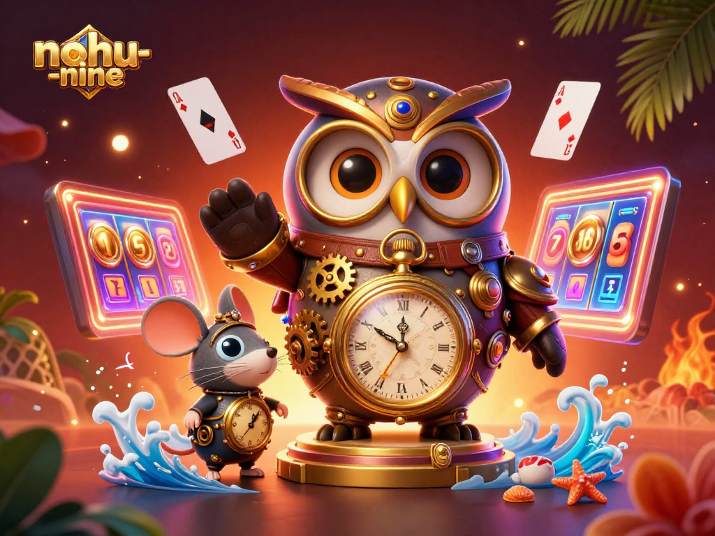 Play Nine and win big with nohu-nine as owl and mouse navigate a vibrant casino.
