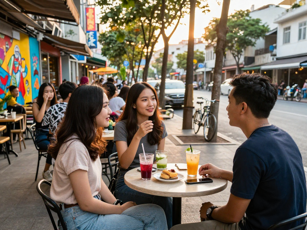 Gái gọi đang trò chuyện vui vẻ tại quán café ngoài trời với bạn bè, không khí náo nhiệt của thành phố.