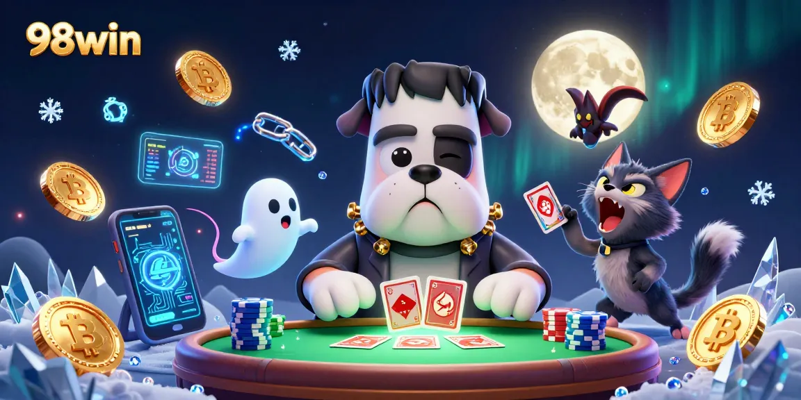 Win big with 98win at a haunted casino table featuring a ghostly mouse and cartoon creatures.