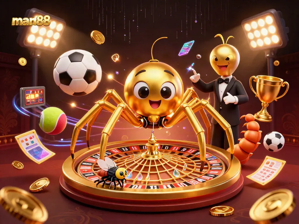 Experience the thrilling action at man88 with a vibrant 3D casino scene featuring sports balls and betting excitement.