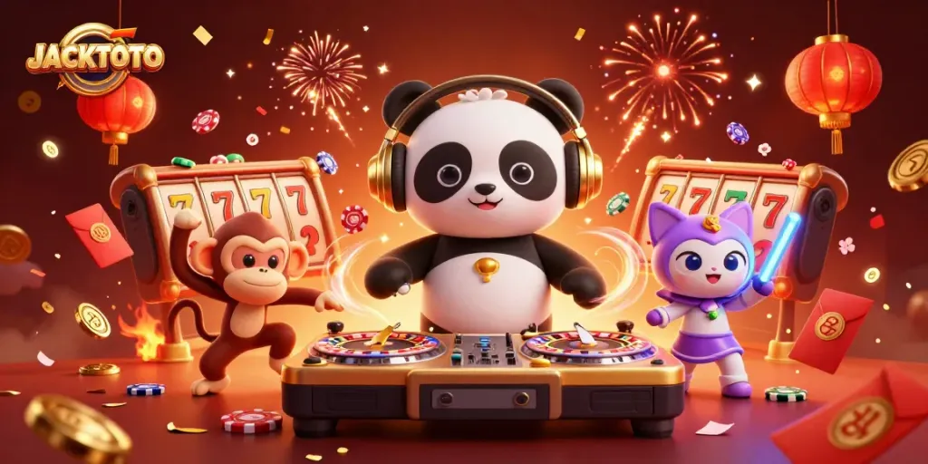 Engage with JACKTOTO as DJ panda spins at a vibrant casino party scene.