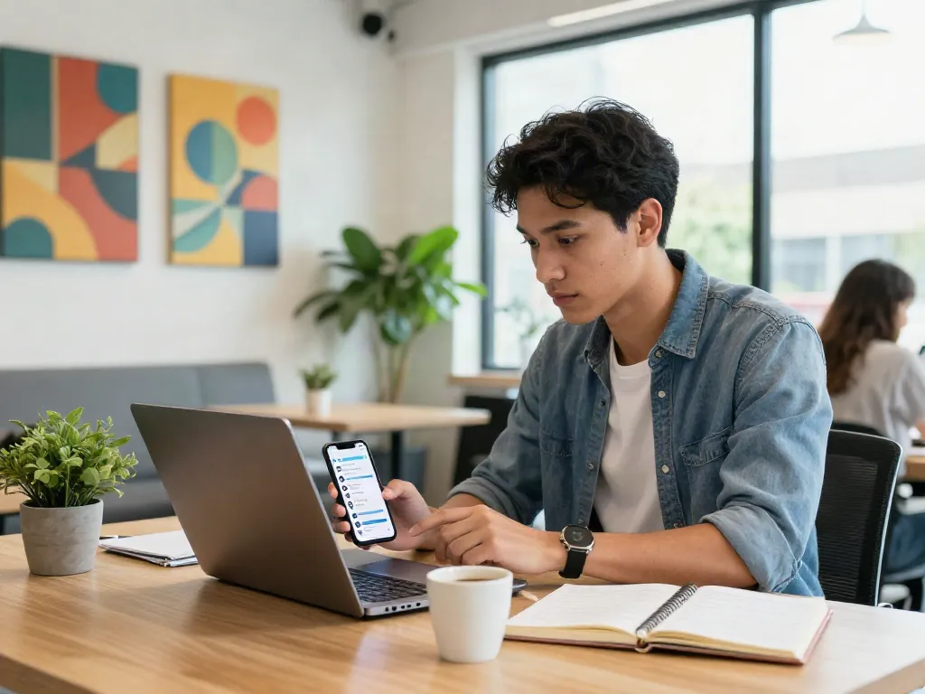 Young professional searching for หางาน in a vibrant co-working space, surrounded by modern workspace elements.