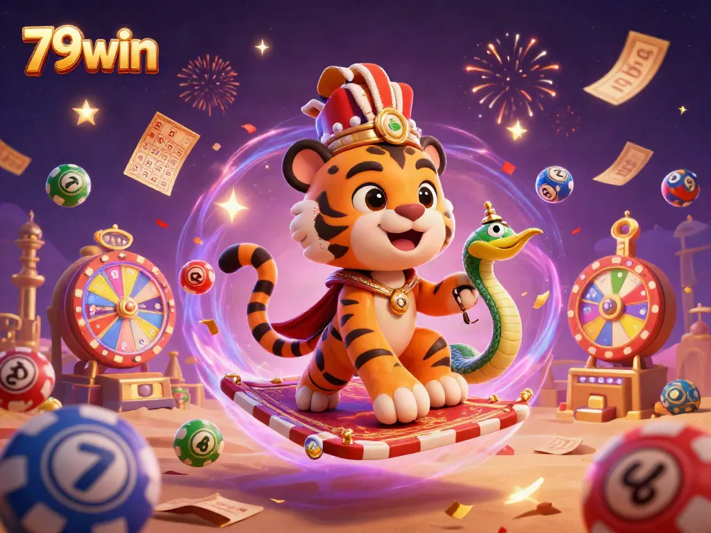 Experience the thrill of 79win with a dynamic scene of Arabian Nights-themed characters amidst dazzling casino elements.