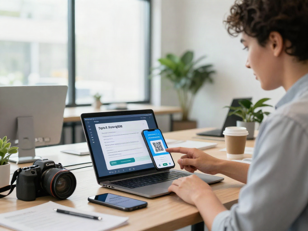 Entrepreneur using slot qris in a modern co-working space for seamless transactions.