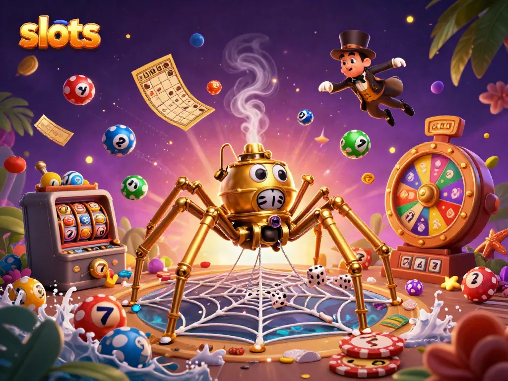 Experience immersive slots gameplay with dynamic 3D illustration of a golden spider and jackpot elements.