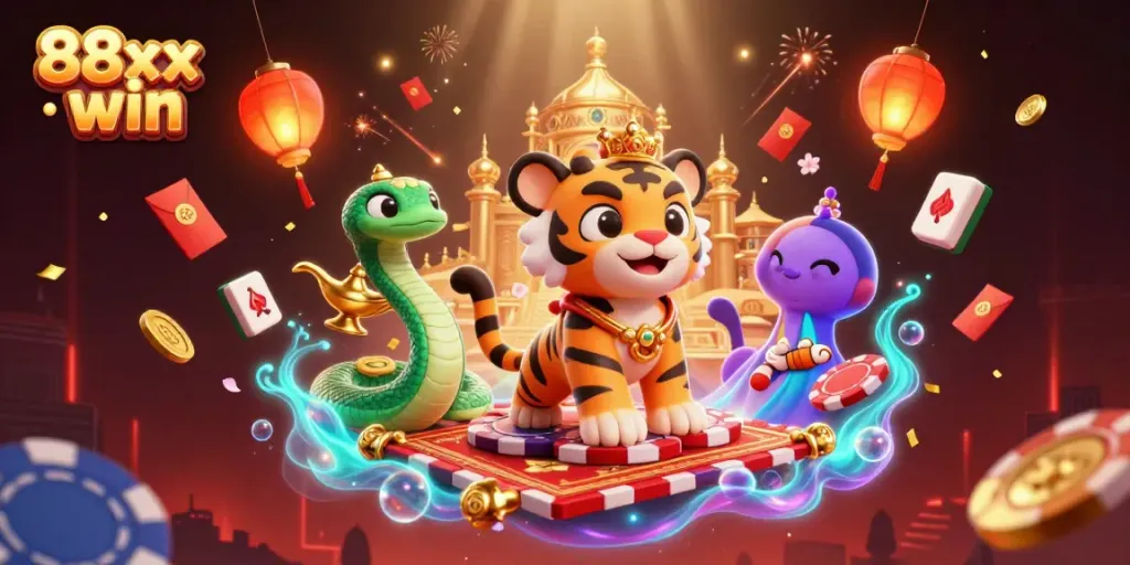 Experience the thrill of 88xx win with a vibrant casino scene of a magical tiger sultan amidst dazzling game elements.