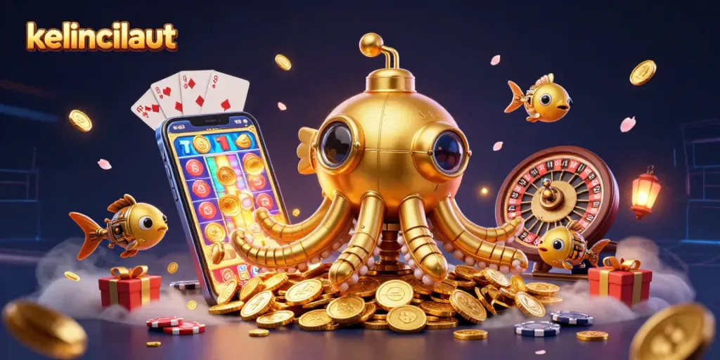 Kelincilaut gaming illustration showcasing a golden kraken submarine amidst coins with vibrant slot game elements.