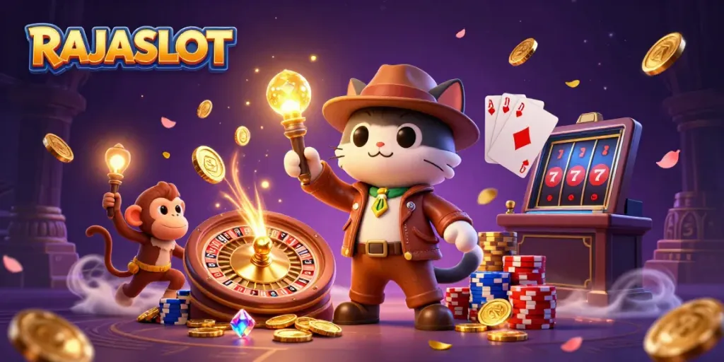 RAJASLOT menghadirkan pengalaman bermain slot yang seru dengan karakter petualang dan harta karun dalam ilustrasi 3D.