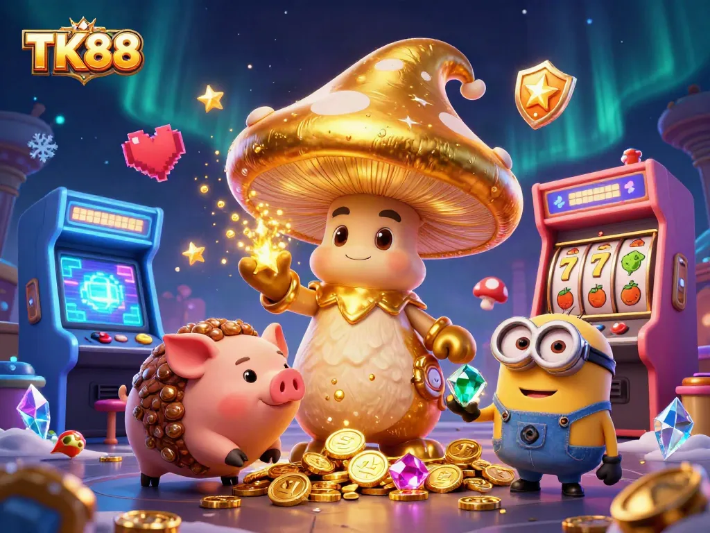 Experience big wins at TK88 with a magical scene of a gold-channeling wizard, treasure-hunting pig, and vibrant gaming elements.