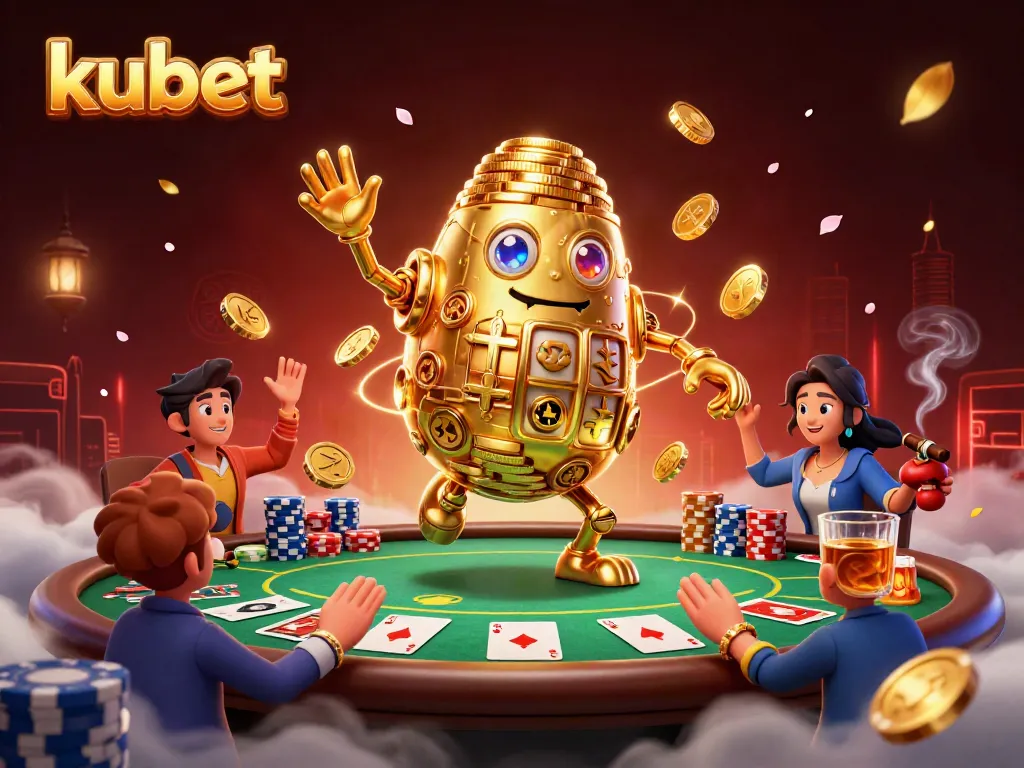 Engage with kubet's vibrant casino scene featuring a golden golem and poker elements.