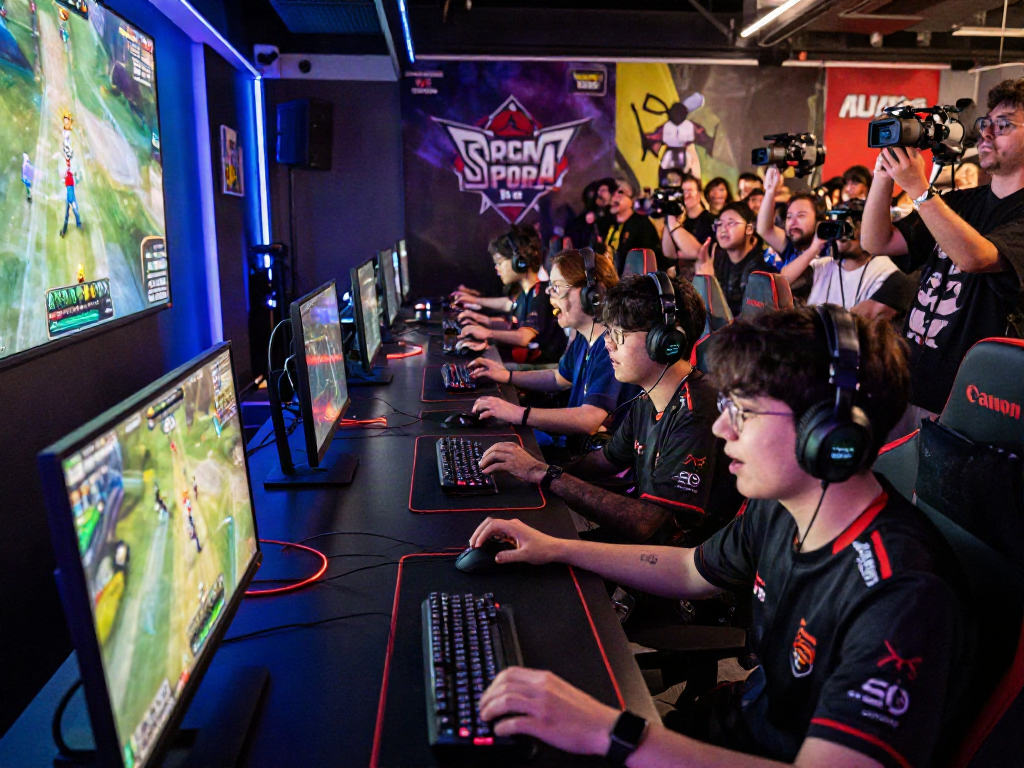 Exciting esports tournament scene showcasing competitive gamers engaging with sponsors and intense gameplay, highlighting situs toto in the vibrant atmosphere.