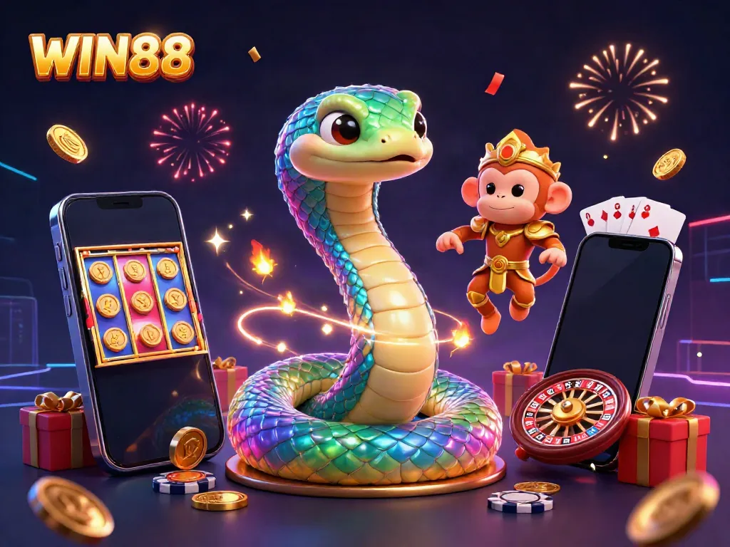 Win88 features a vibrant 3D scene with a rainbow serpent and action-packed gaming elements.