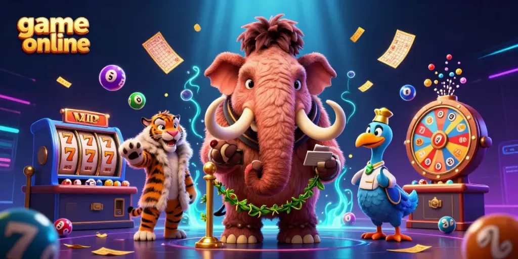 Experience the thrill of game online with dynamic visuals featuring a cartoon mammoth bouncer and vivid casino elements.