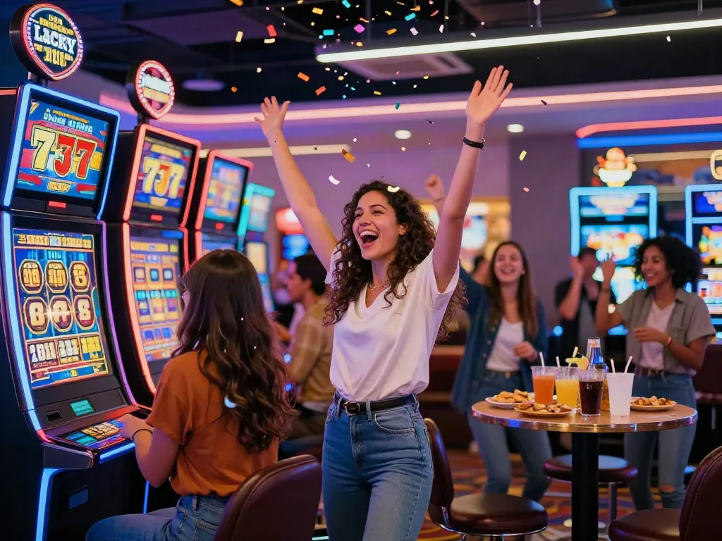 Friends celebrating a Lucky777 jackpot win in a lively casino atmosphere.