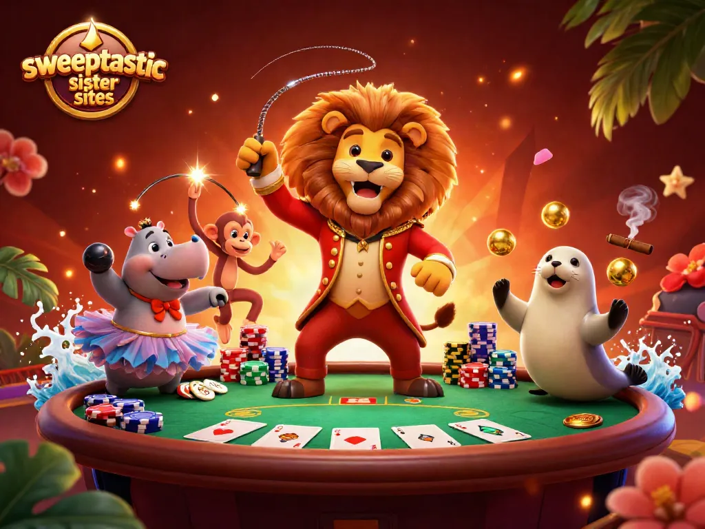 Sweeptastic sister sites showcase a vibrant 3D illustration of gaming excitement with lively characters.