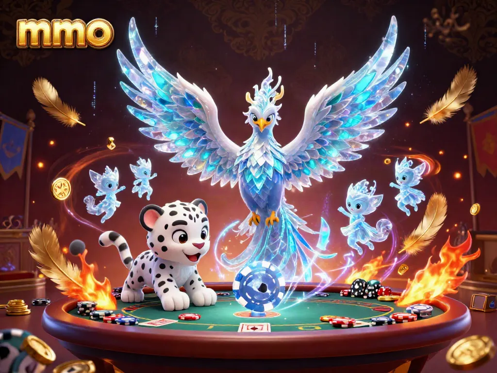 Experience thrilling poker action with mmoo, featuring an ice phoenix and vibrant casino elements.