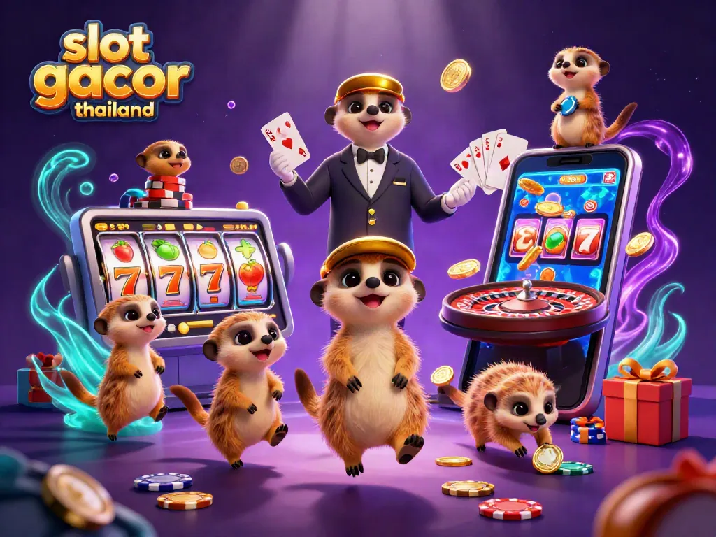 Experience the fun of slot gacor thailand in this vibrant casino scene with playful meerkats.