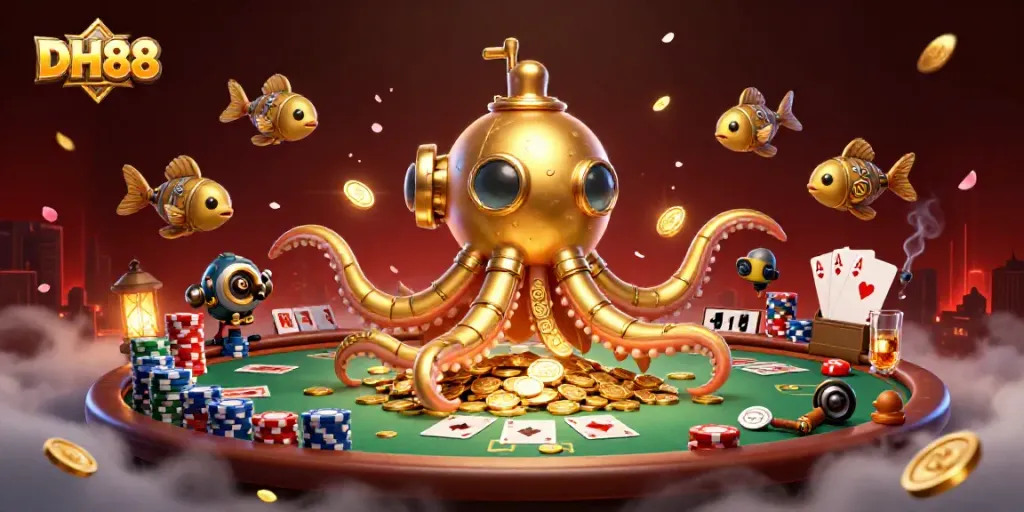 Play exciting games at DH88 featuring a golden kraken submarine amidst poker elements and riches.