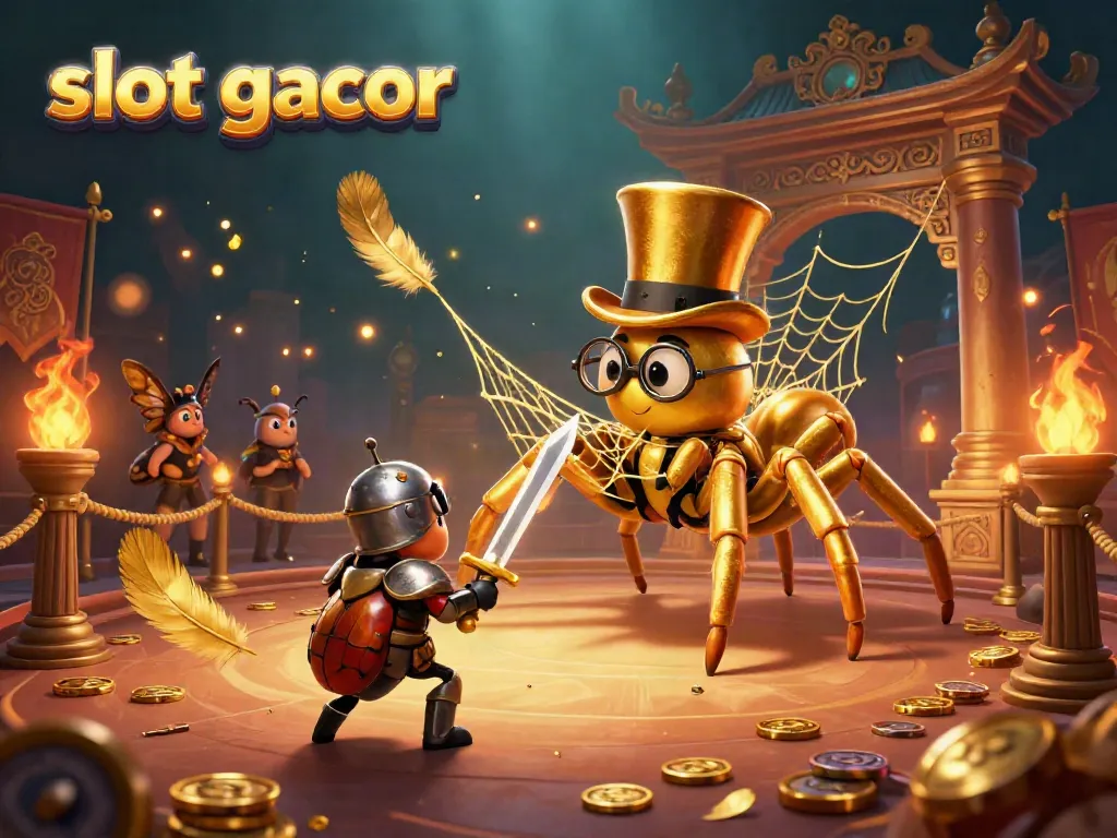 Experience thrilling action in a detailed casino scene featuring slot gacor elements, a golden tarantula, and a courageous beetle knight.